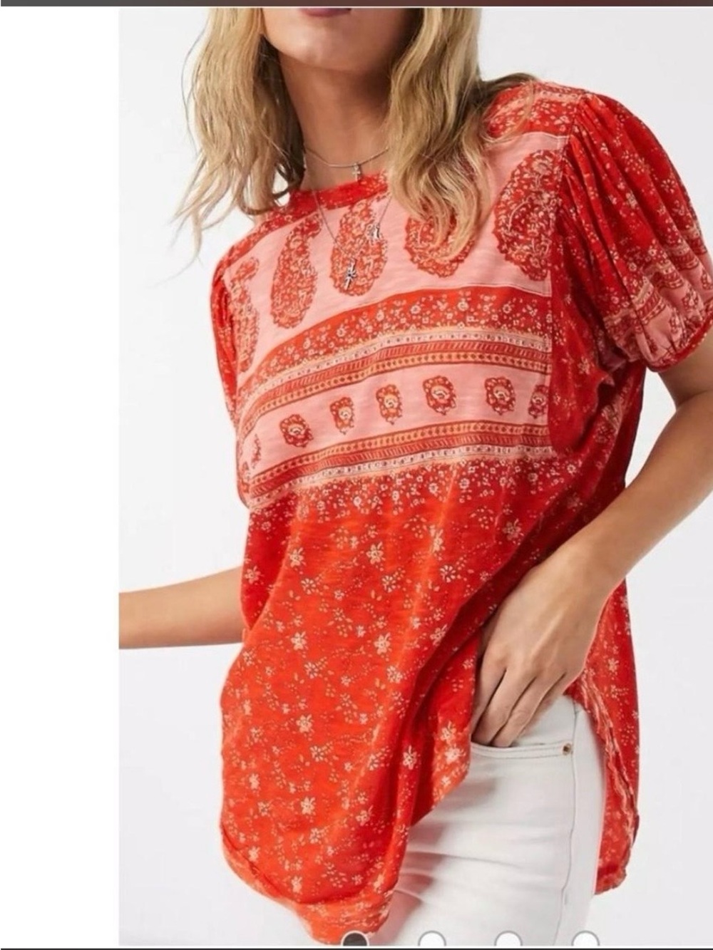 Red Paisley Print Puff-Sleeve Women's Top - Free People